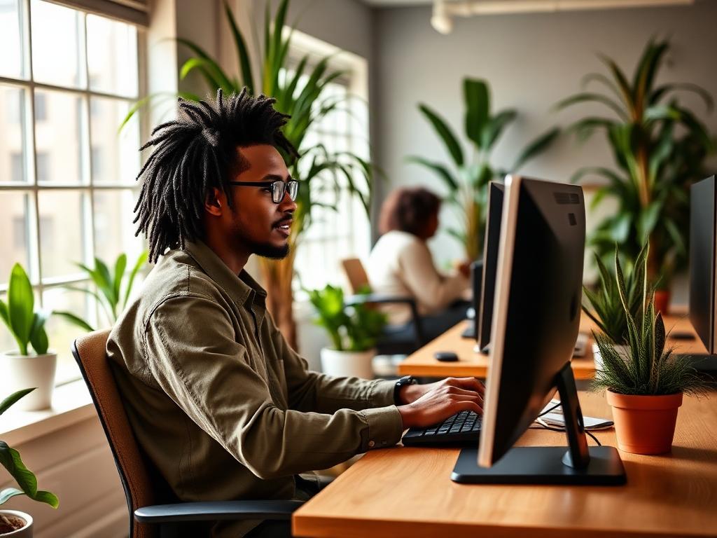Resident working on a computer for job training at SGE Recovery Home