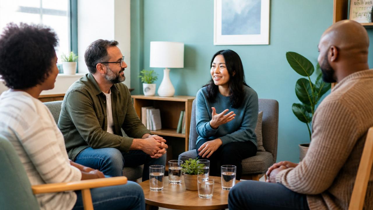 Residents in a supportive group discussion at Elevate Recovery Home